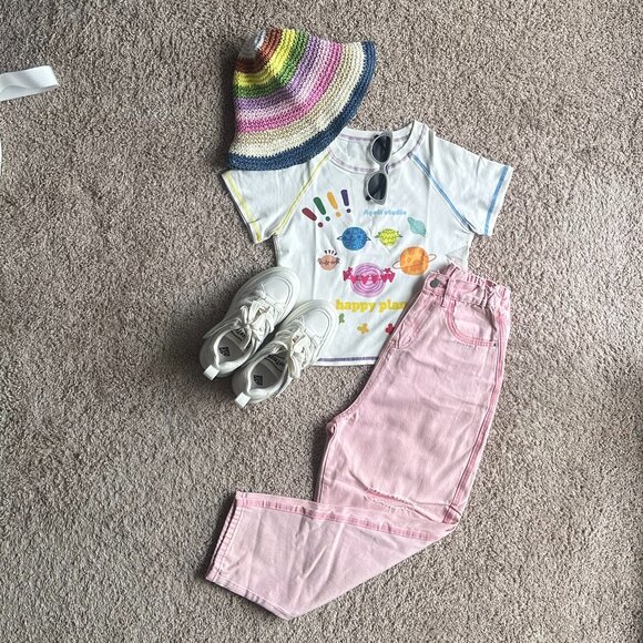 NWOT Pink Washed Cotton Denim Pants – Elastic Waist, Size Small - Picture 2 of 5